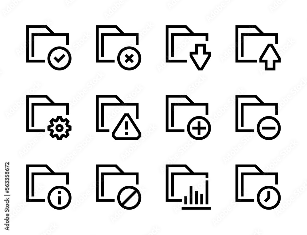 Poster folder and archive settings line vector icons. file library and data directory editable stroke outli