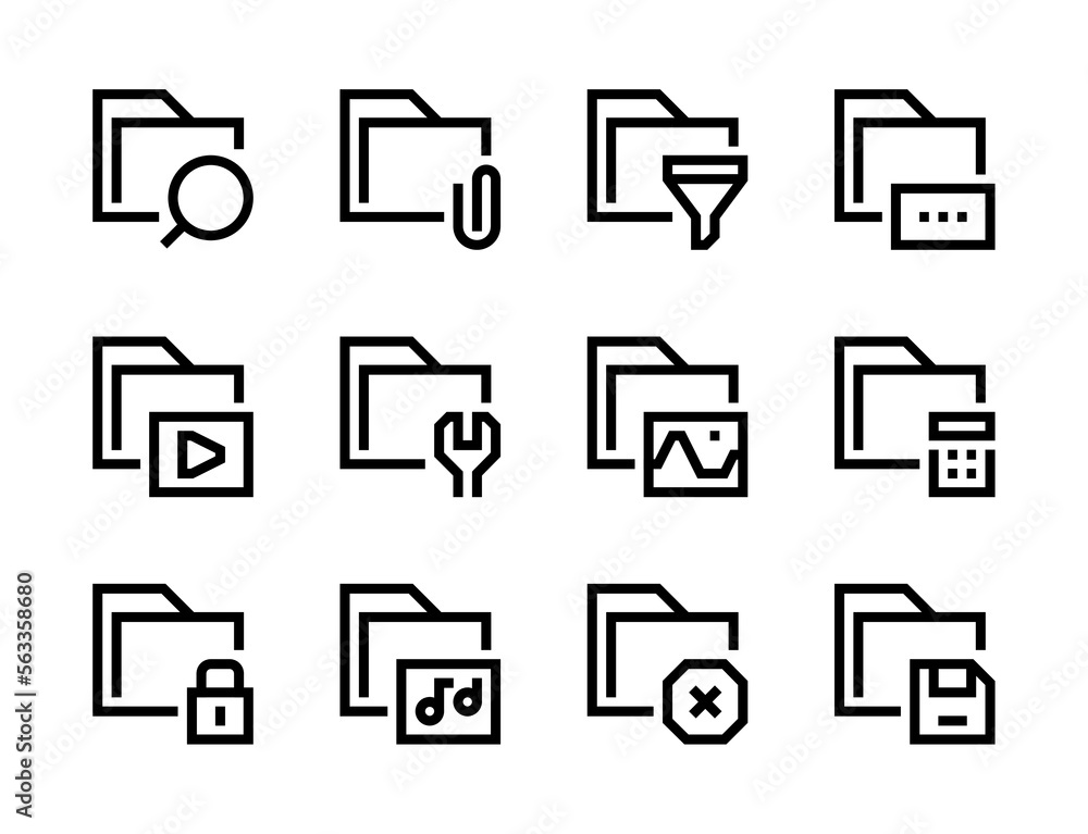 Poster folder and archive settings line vector icons. file library and data directory editable stroke outli