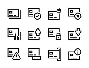 Credit card and Online payment functions line vector icons. Cashless payments and Transaction editable stroke outline icon set.