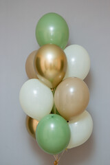 card with balloons for the holiday, balloons with helium on a gray background