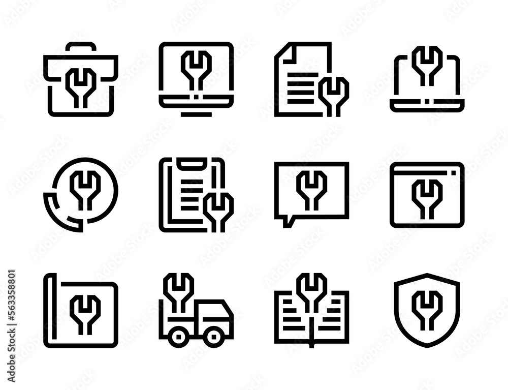 Poster repair and technical documentation line vector icons. wrench, workshop and support service editable 