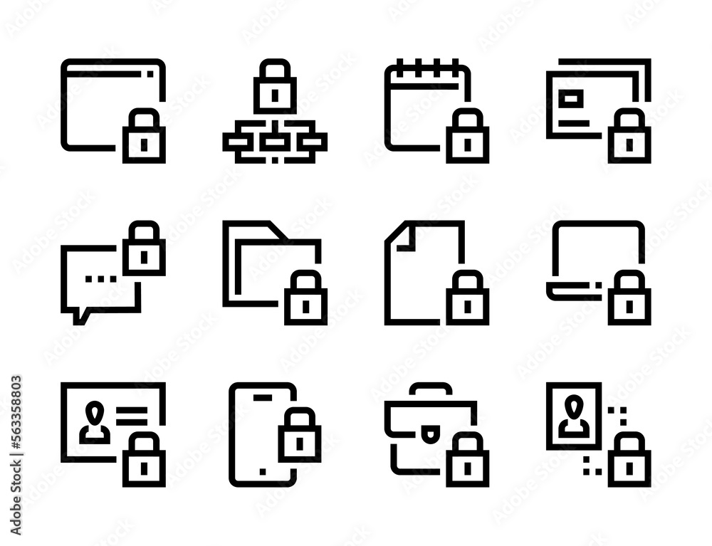 Poster lock and password line vector icons. access and data protection editable stroke outline icon set.