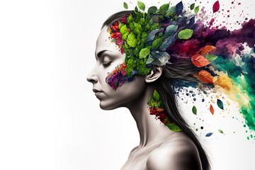 A woman with herbs and flowers on her head flying out of her hair, a portrait on a white background, Generative AI