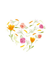 Floral heart with daisy and roses isolated on white