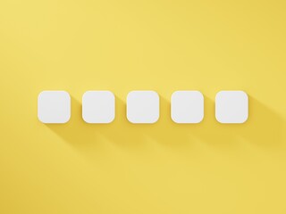 Set of five icons, blank empty white square icons, on yellow background and soft shadows
