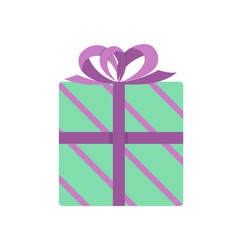 Gift box. Striped green present box with purple bow. Flat, cartoon, vector