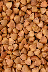 Macrophoto of buckwheat. Texture, dry buckwheat background. Hypoallergenic filler for pillows. Prevention of anemia.