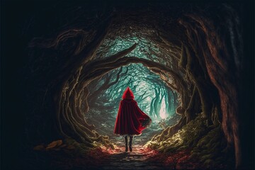Little red riding hood in magic forest, Generative AI - obrazy, fototapety, plakaty