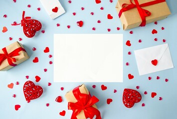 Blue background, flat lay for valentines day holiday, copy space for text, holiday gifts frame, envelope and red hearts, white sheet of paper.  The concept of love, romance, close relationships.