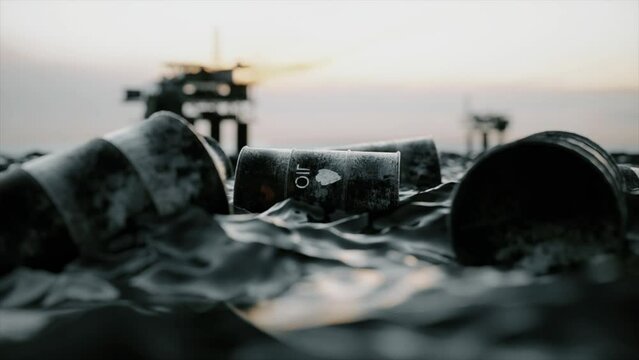 Oil pollution of nature. Embargo. Empty oil barrels float in a sea of oil. Sunset. 3d animation of seamless loop