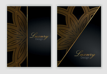 Modern cover design set. Luxury black, gold background with abstract pattern. Premium vector template for menu, invite, brochure template, lux flyer