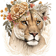lion in the sun with flowers color art t-short design - obrazy, fototapety, plakaty