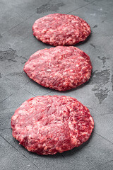 Ground Beef Patties for Grilling and Roasting, on gray stone background