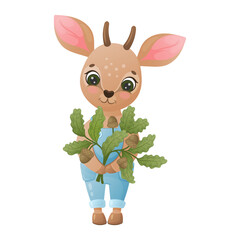 Cute antelope baby with oak twigs and acorns. Bambi. Vector children illustration. Cartoon style. Isolated on white.