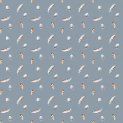 Watercolor seamless pattern with bird feathers and eggs on blue background