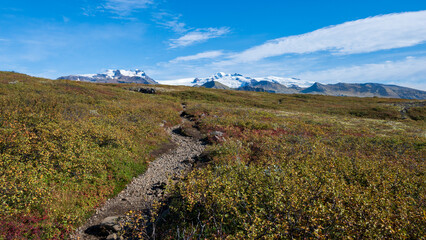 View of a glacier and the mountain Hvannadalshnúkur in Skaftafell in Vatnajökull National park in South Iceland on a summer day, Iceland, Europe, stock photo
