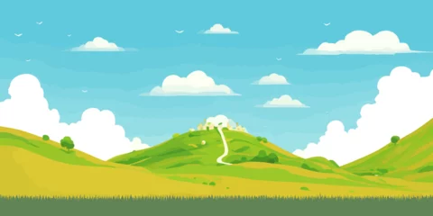 Fototapeten Vector illustration of beautiful summer fields landscape, green hills, bright color blue sky, country background in flat cartoon style © George Fontana