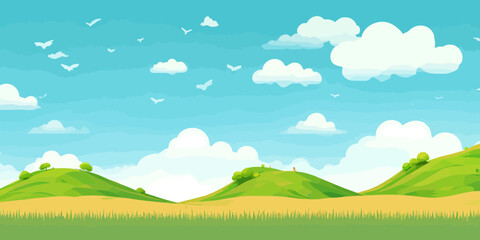 Naklejka na ściany i meble Vector illustration of beautiful summer fields landscape, green hills, bright color blue sky, country background in flat cartoon style