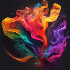 Abstract dance multi colored smoke of red, pink, green, orange, turquoise on black background, Generative AI