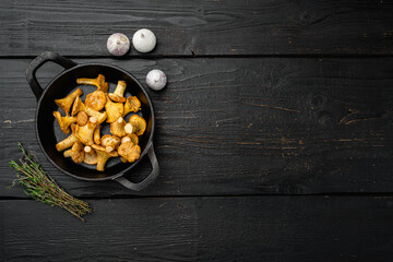 Forest chanterelle mushrooms, in cast iron frying pan, top view flat lay, with copy space for text