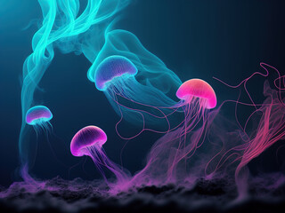 Beautiful jellyfish, medusa in the neon light. Aquarium with blue and pink jellyfish. Auarium and ocean wildlife. Underwater life in ocean jellyfish, Generative AI