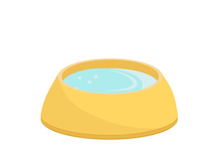 Dog bowl of water. Yellow pet bowl with water. Cartoon, flat, vector