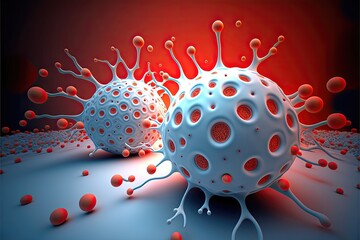 Generative AI two Dividing white cancer cells, red organism background
