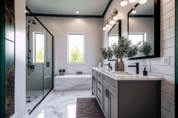 Modern bathroom interior design, Luxury yet minimalist clean, bright and hygienic spacious bathroom with shower, toilets, mirrors, bathtub and natural green plant in a hotel, apartment, or house