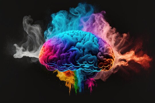 Generative AI illustration of head rainbow brain colorful explosion in colored smoke, change the chip, black background