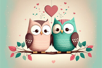 Cute owls couple Valentine's Day illustration generative ai