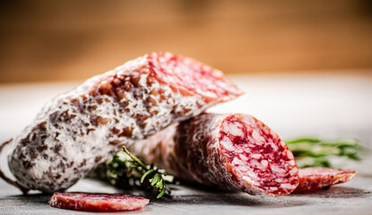 Delicious salami sausage with rosemary. 