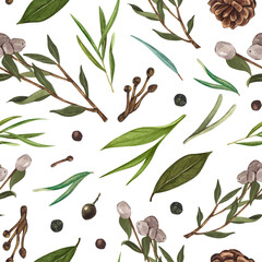 Watercolor seamless pattern branch with berries, cone pine, leaves. Hand-drawn illustration on white background. Concept for packing design, textiles, fabrics print.
