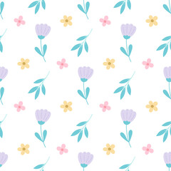 seamless pattern with cute flowers on white background, flat style