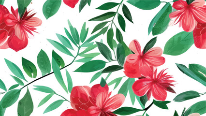 Floral hand drawn background. Botanical line art wallpaper with flowers, branches and eucalyptus leaves. Design in red and green shades watercolor texture for banner, prints, wall art and home decor.