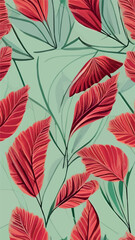 Floral hand drawn background. Botanical line art wallpaper with flowers, branches and eucalyptus leaves. Design in red and green shades watercolor texture for banner, prints, wall art and home decor.