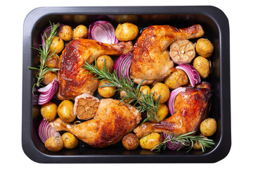 Chicken legs with potatoes and rosemary in a baking dish isolated on transparent background, top...