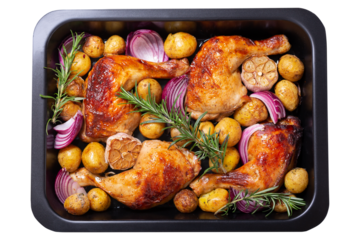 Chicken legs with potatoes and rosemary in a baking dish isolated on transparent background, top view