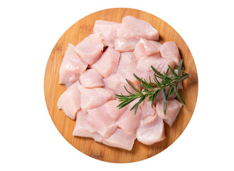 fresh chicken meat with rosemary on wooden board isolated on transparent background, top view