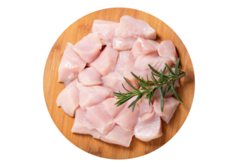 fresh chicken meat with rosemary on wooden board isolated on transparent background, top view