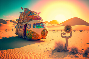 Volkswagen T1 Bulli - psychedelic vanlife with a surreal hippie camper van in the desert. Created with Generative AI technology. - obrazy, fototapety, plakaty