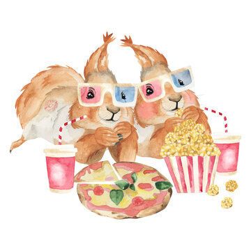 romantic evening squirrel valentine's day watching a movie watercolor card  png	