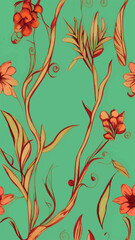 Floral hand drawn background. Botanical line art wallpaper with flowers, branches and eucalyptus leaves. Design in red and green shades watercolor texture for banner, prints, wall art and home decor.