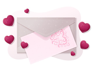 Love letter. card with paper envelope and red hearts. Vector illustration.