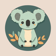 koala logo.Cute cartoon koala with leaves. Vector illustration in a flat style