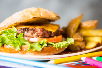Burger kids menu in a restaurant in America.