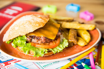 Burger kids menu in a restaurant in America.