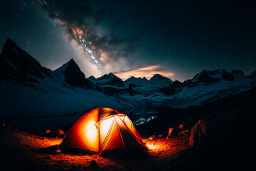 The picture shows a tent set up in the middle of a beautiful alpine landscape at night.