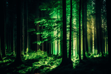 Obraz premium The picture shows a forest with backlight shining through the trees.