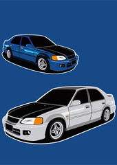 Fototapeta na wymiar Two Sedan Cars Iconic with Blue Background