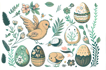 Easter eggs, chicken and bird hand drawn . Collection of Easter design elements. AI Generated